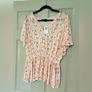 Torrid Pink Floral Mesh Smocked V-Neck Blouse